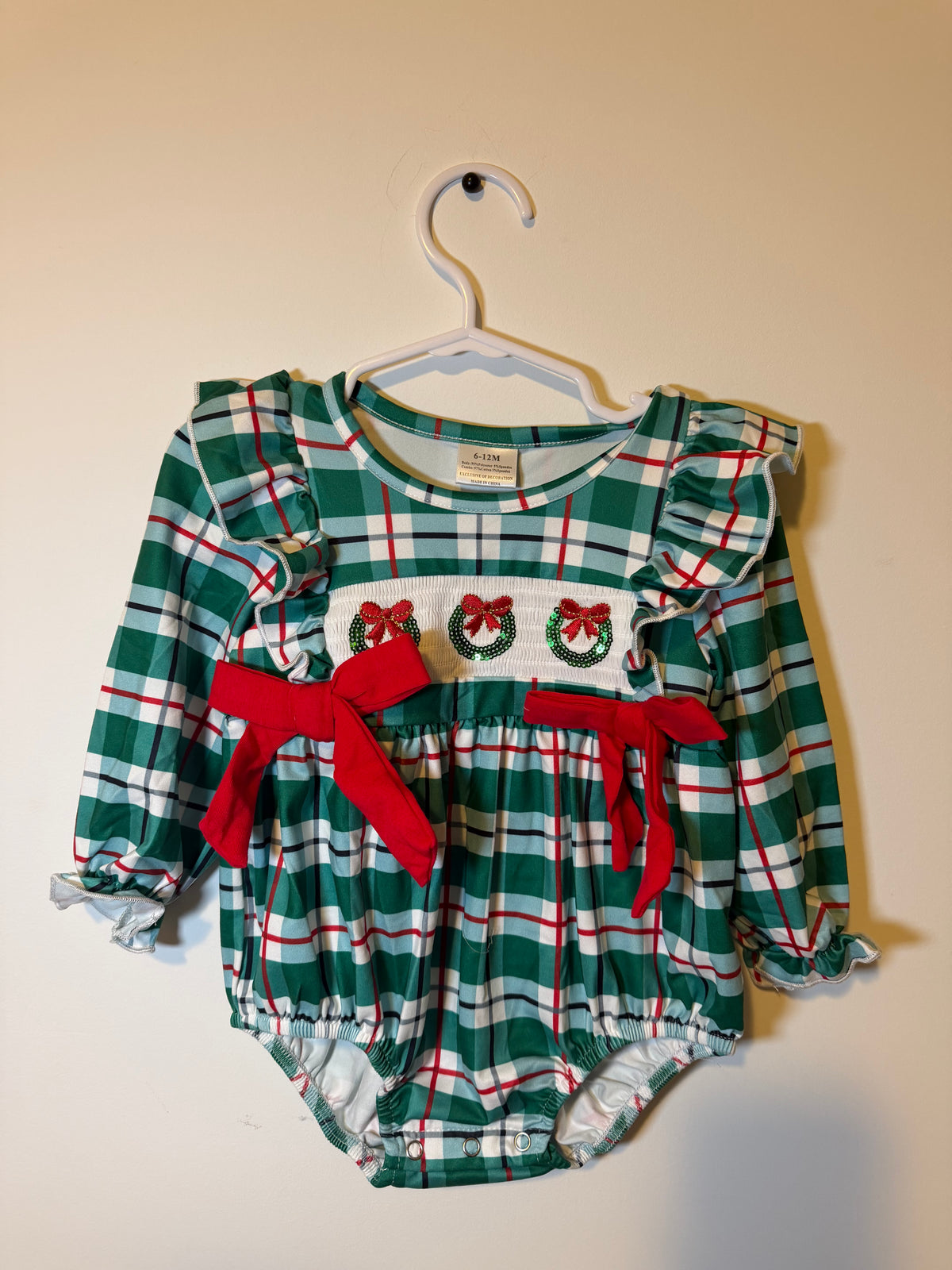 🎄 Christmas Plaid Wreath Bubble Romper