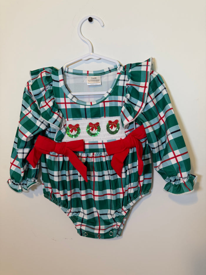 🎄 Christmas Plaid Wreath Bubble Romper
